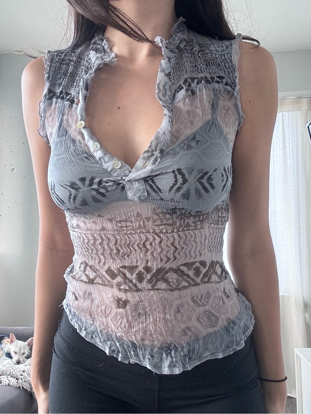 Costa Blanca Sheer Smocked Sleeveless Top in Gray